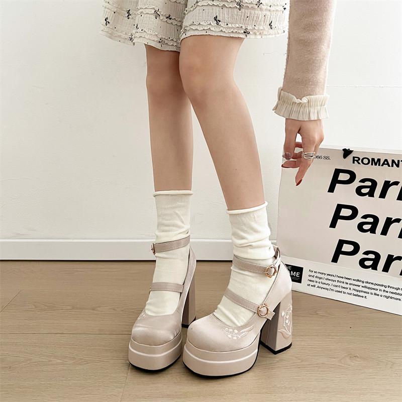 Fashion Women's Thick Heel Shoes Autumn New Round Head Shallow Mouth Embroidery Thick Sole Anti-slip Wear-resistant High Heels