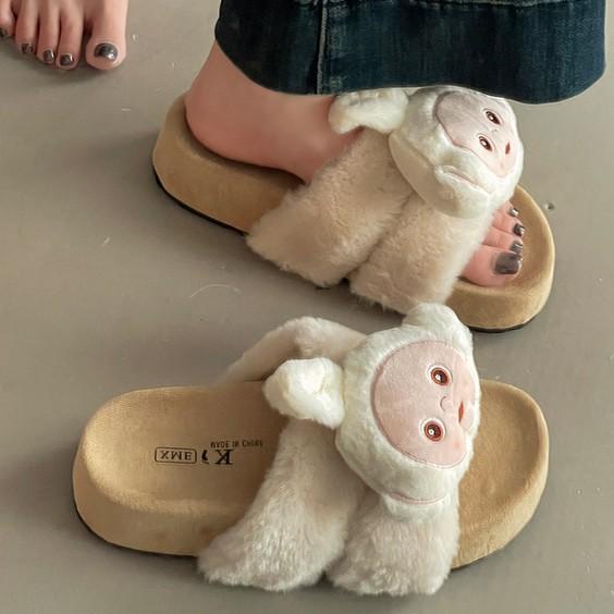 Cartoon cute casual flat-bottomed fluffy shoes women's autumn and winter suede versatile antenna baby one-word thick-soled cotton slippers