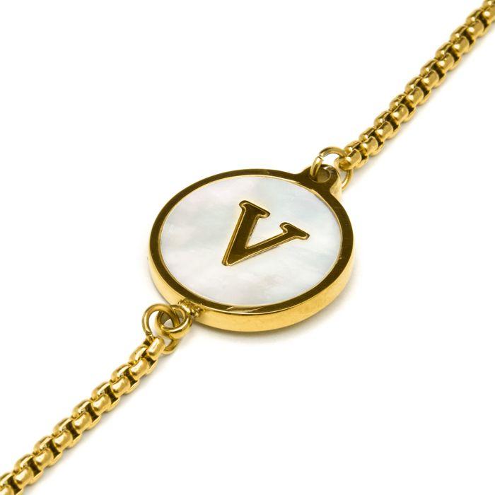 Bracelet - Luxenter - Alphabet V - Nacre blanche - finition or jaune 18K - Bijou personnalisé