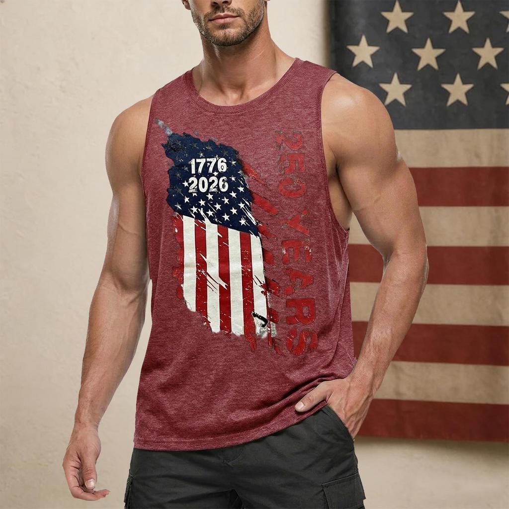 Men's Sleeveless Casual Tank Top Crew Neck Graphic Print 250 Years Independence Commemorative Design Lightweight Summer Shirt