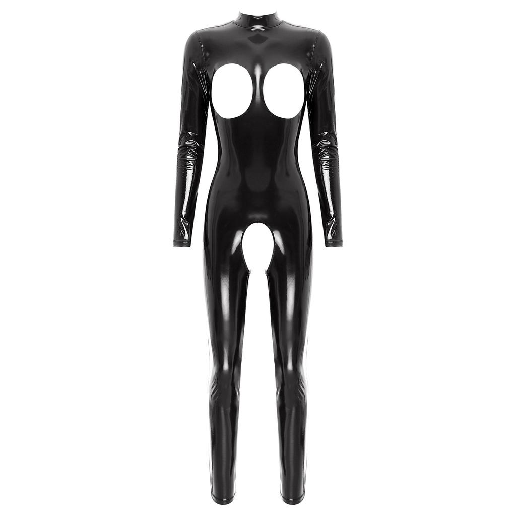 Womens Patent Leather Catsuit Hollow Out Design Mock Neck Long Sleeve Zipper Back Clubwear