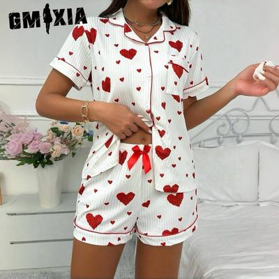 Cardigan POLO Neck Button Pajamas Women Bowknot Short Sleeve Shorts Homewear Two Piece Set