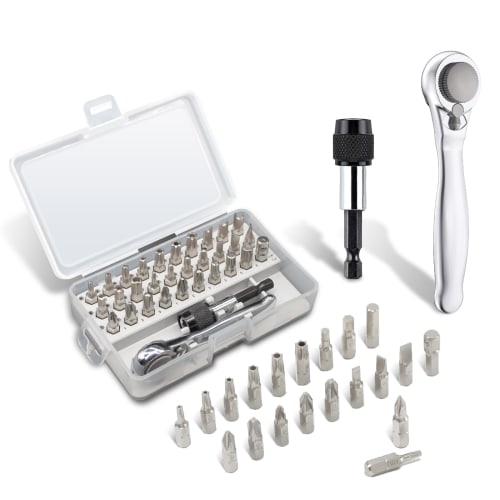 

32-Piece Repair Tool Kit with Ratchet Screwdriver, Offset, 1/4 Bits, Torx, Flathead, Phillips, Star, Square, Pozid Screwdriver, Hex, Ratchet Wrench,