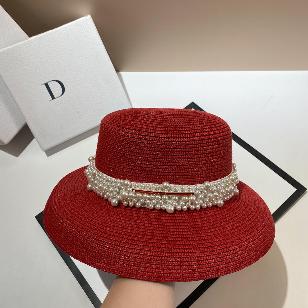 French Hepburn Style Lampshade Straw Hat Summer Small Fragrant Wind Pearl Light Luxury Sun Hat Concave Shape Big Brand Sense Straw Hat