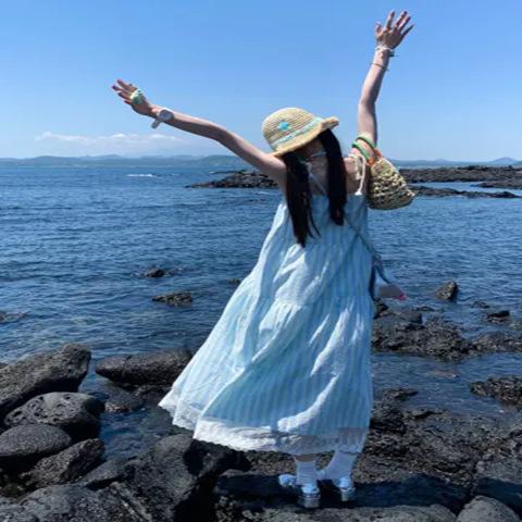 Duanmu purple and blue striped design suspender dress female student summer new seaside vacation dress
