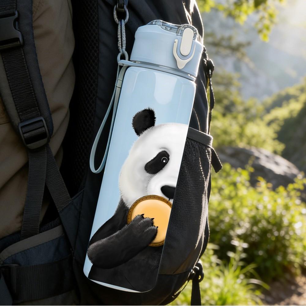 1PC Panda Holding Fruit Bite Pattern 750ml Color Plastic Sports Water Bottle Leakproof Flip Straw Lid Suitable for Sports Office Home Use
