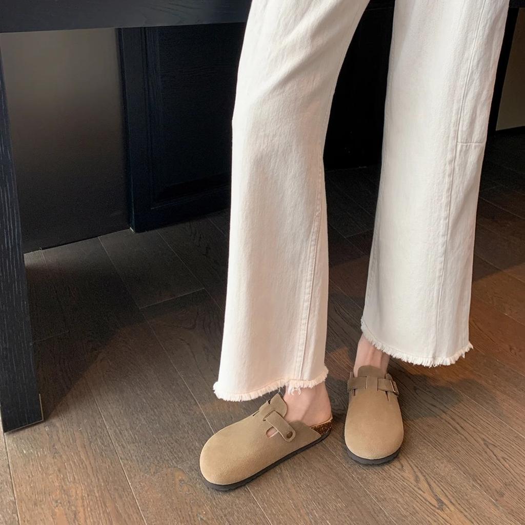 Premium cowhide version~ Baotou leather buckle with casual platform shoes slippers women's half drag