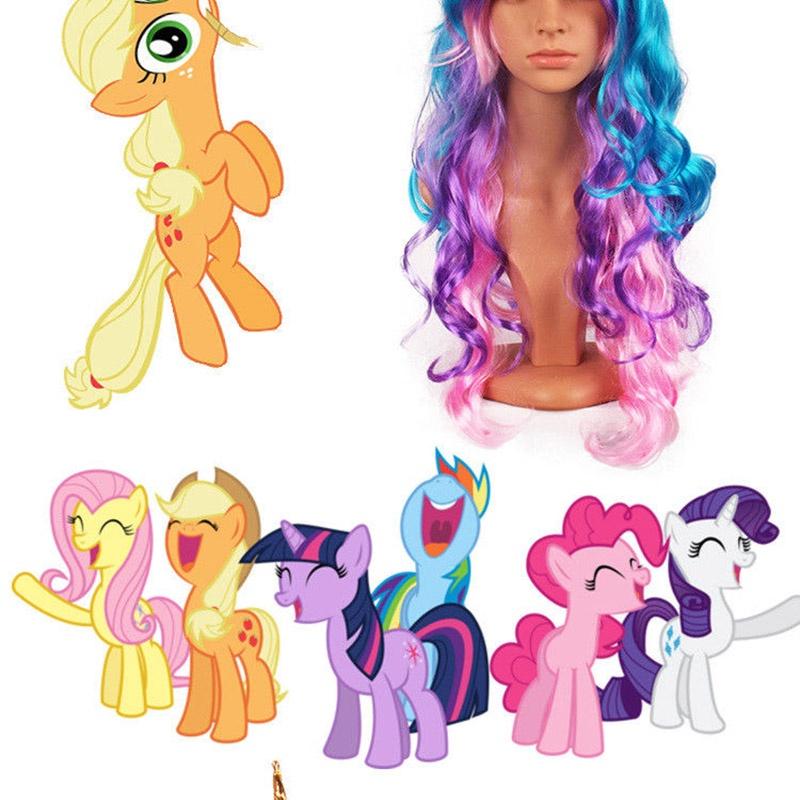 New Fashion Women Ear Unicorn Rainbow Wig Long Curly Wave Hair For Cosplay Party