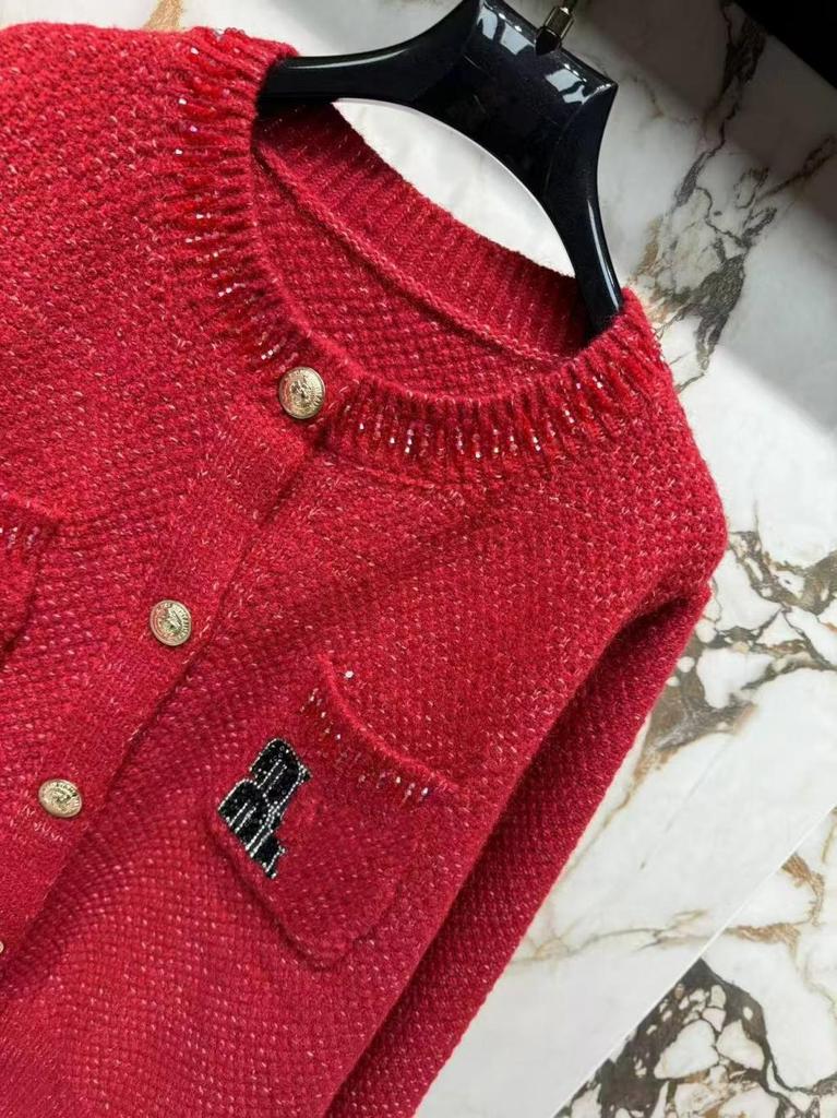 Miu Style 2025 Autumn/Winter New Arrival Letter Pocket Round Neck Single-Breasted Loose Cardigan Sweater