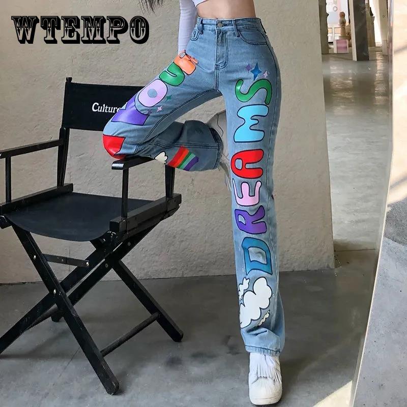 

Прямые джинсы с уличным цветным принтом в европейском и американском стиле, женские облегающие и тонкие повседневные брюки с высокой талией, индивидуальные повседневные универсальные повседневные брюки для женщин