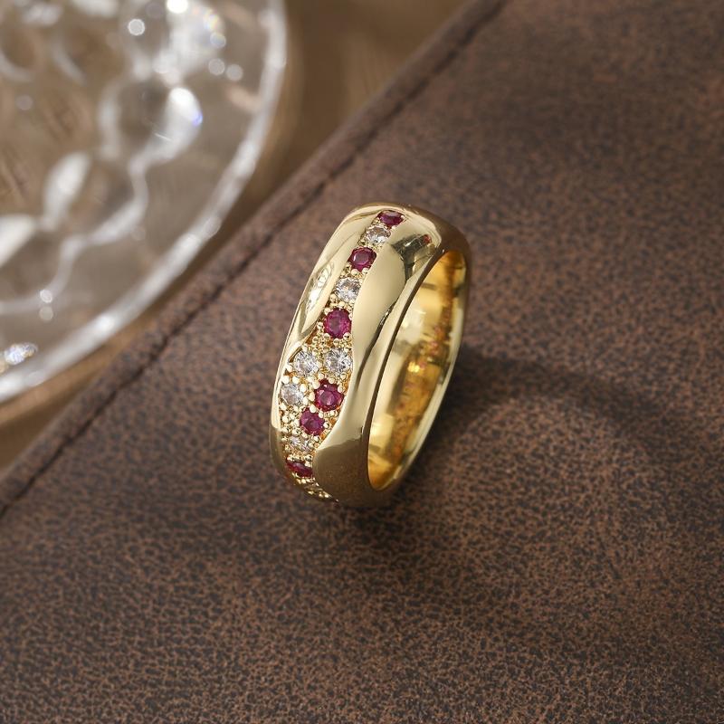 Vintage Gold Color Wavy Pattern Inlaid with Red and White Synthetic Zircon Ring Women's Banquet Party Jewelry Accessories Gift