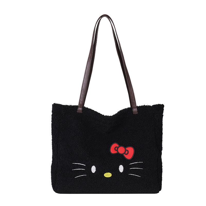 Cute Plush Hello Kitty Commuter Canvas Bag Sweet Cartoon Kitty Tote Shoulder Bag Large Capacity Tote Bag