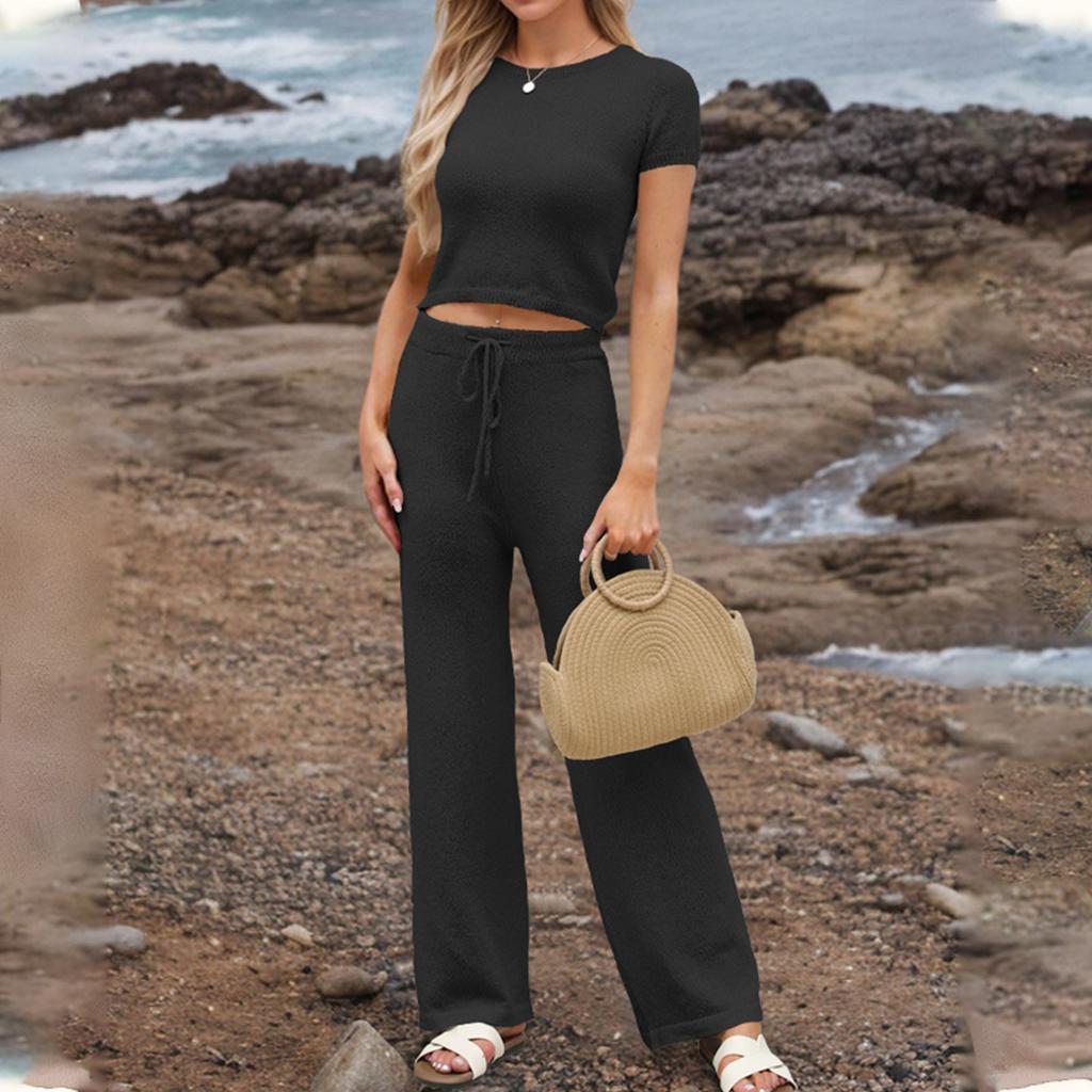 Women's Fashion Vacation Beach Round Neck Casual Loose Short Sleeve Pants Suit