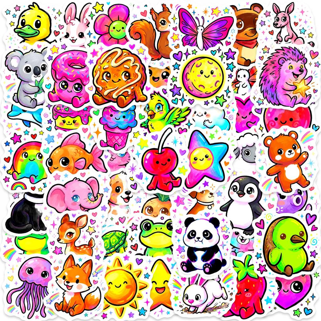 50 Cartoon Animal Cute Stickers Cute Shining Food Decorative Stickers Waterproof Stickers Fun Food
