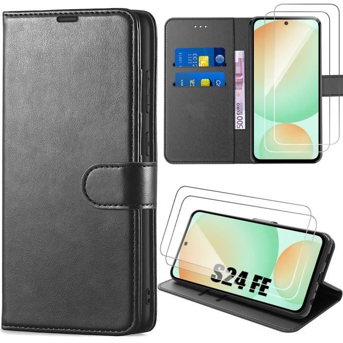 Coque et 2 Verres Trempés pour Samsung Galaxy S24 FE (pas pour S24) - Coque Anti-Rayures Synthécuir Noir