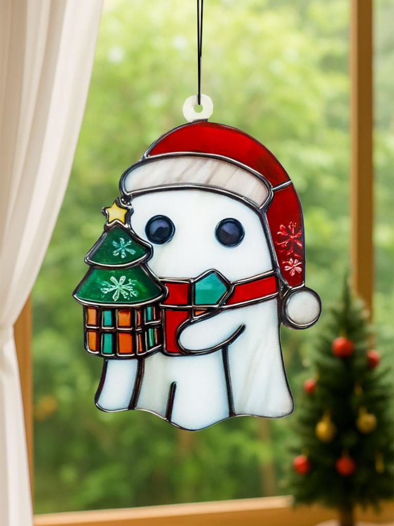 Christmas Halloween Ghost Hanging Ornament Cute Ghost Wearing Santa Hat & Holding Lantern Design Window Decor for Xmas Tree&Home
