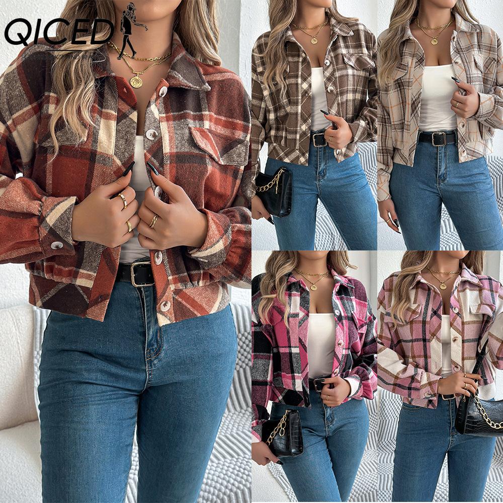 QICED Autumn and Winter Casual Checkered Fake Pocket Long-sleeved Woolen Jacket for Women's Wear