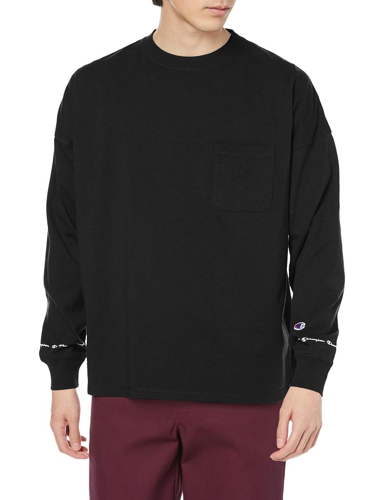 Champion Casual Long Sleeve Shirt with Script Loose Pocket Size M Men's Logo, Fit, T-Shirt, Black, (C3-V403)