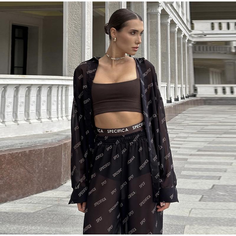 Summer Female 2 Piece-Set Trousers Casual See-Through Holiday Cardigan and High Waist Women's Pants Outfits Tracksuit 2025