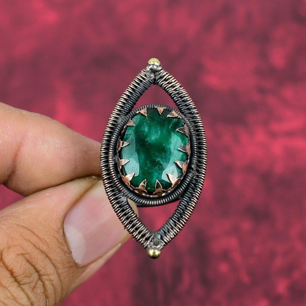 Faceted Zambian Emerald Ring Copper Wire Wrapped Jewelry Adjustable Ring Handmade Original Gemstone Ring Copper Wire Wrap Ring Gifts For Mom