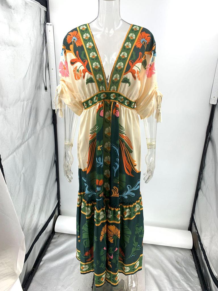 2025 European & American Summer V-neck Retro Ethnic Linen Dress for Women