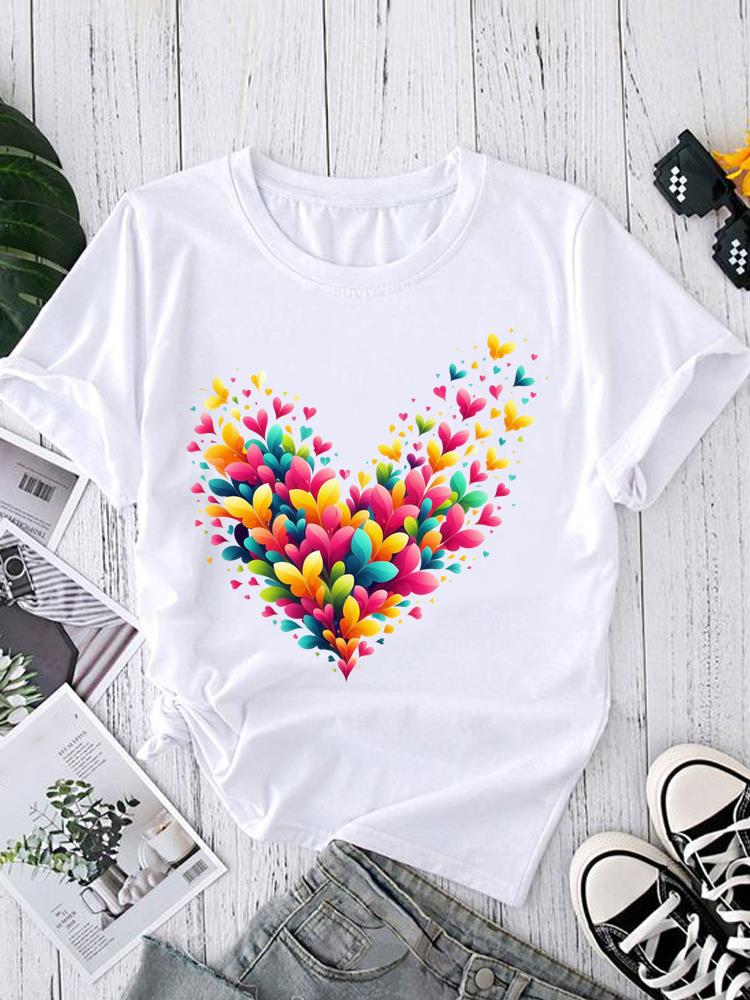(Asian Size) love heart style Short Sleeve T shirt Printed T-shirts O-neck Casual Clothing Fashion Female Women's Top Graphic Tee