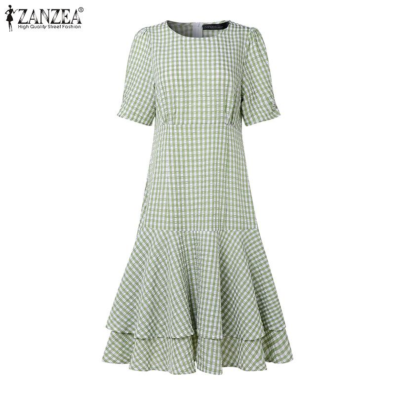 Women Casual Zanzea Round Neck Plaid Print Summer Short Sleeve Dress
