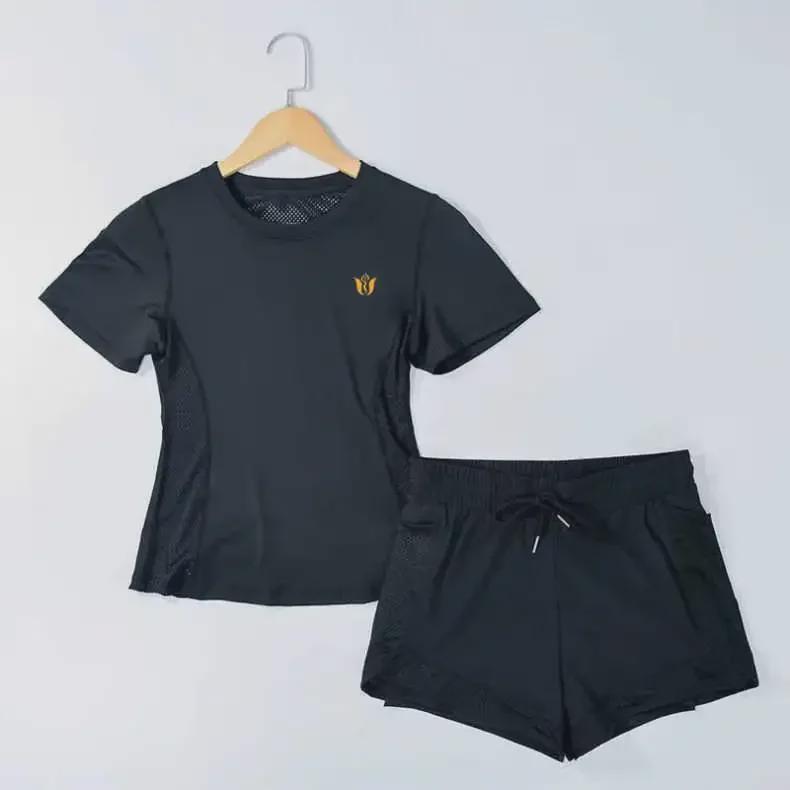 Women's Breathable Summer Yoga and Running Set: Loose Fit, Quick-Drying Shorts with Short Sleeves.