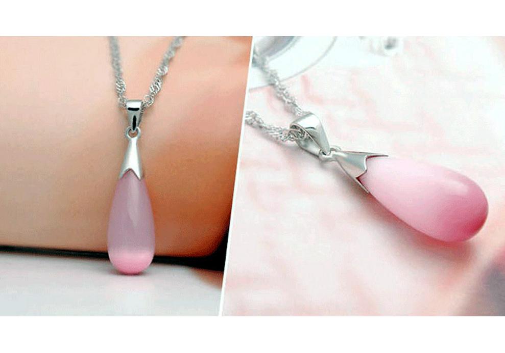 Korean Style S925 Sterling Silver Cat's Eye Water Drop Pendant Necklace for Women