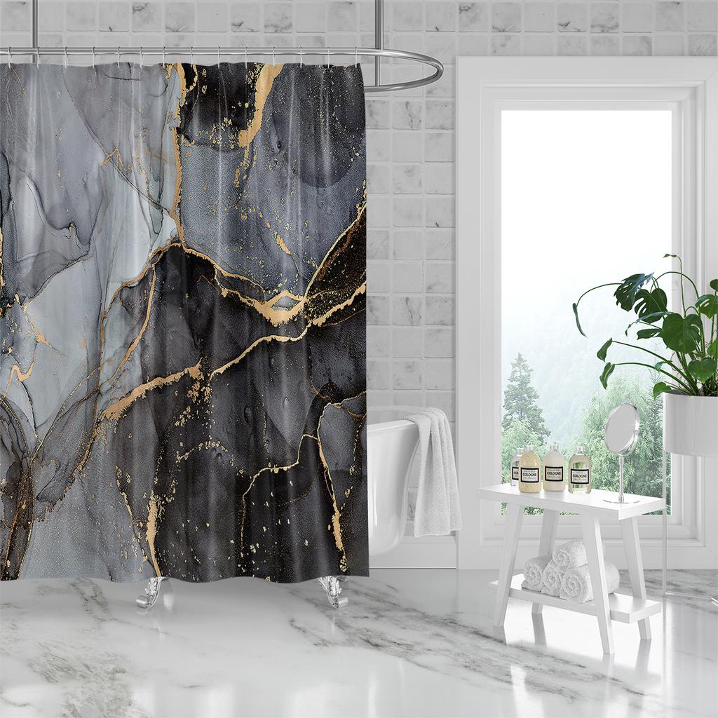 1 Piece of 180x180cm Black Marble Pattern Digital Printing Shower Curtain Partition Bathroom Waterproof and Mold Resistant