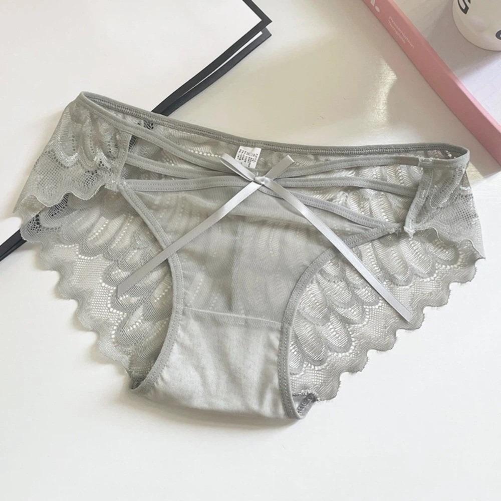 Summer Low Waist Lace Panties Bow Cotton Crotch Mesh Flower Briefs Thin Strap Transparent Lace Thin Underwear Female