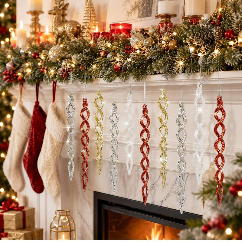 4/12PCS Glitter Twist Icicle Ornaments Christmas Tree Hanging Icicles Pendants Drop Xmas Tree Wedding Party Decoration Supply