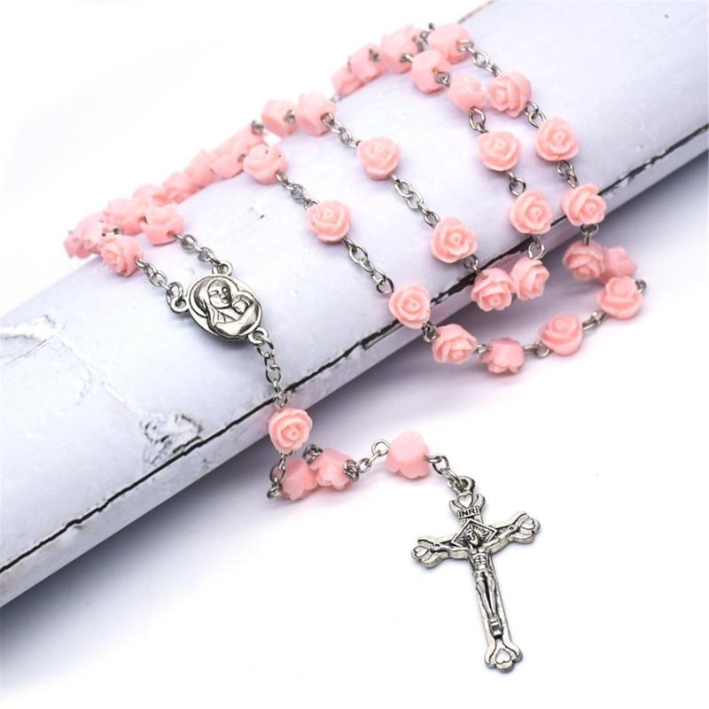 Einzigartige katholische Rosenblumen-Perlen Kreuze Anhänger Rosenkranz Halskette Gebetskette für religiöse Zeremonien und zum Verschenken