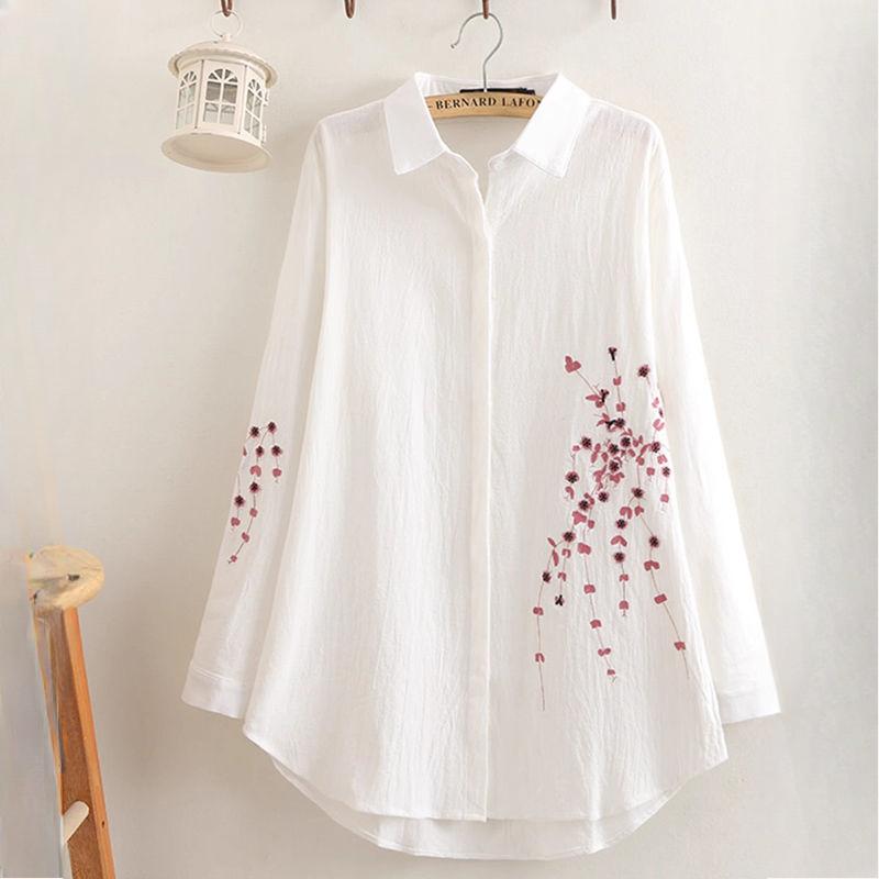 

Весенняя женская рубашка средней длины из хлопка и льна с вышивкой размера плюс 6XL, женская свободная модная рубашка размера плюс XXXL белый