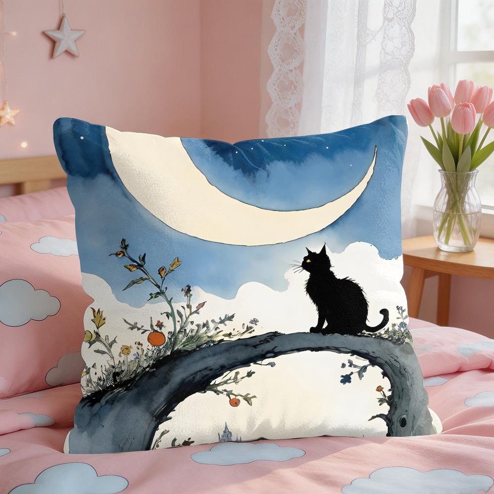 Cartoon Little Black Cat Cushion Cover Square Short Plush Pillow Case Living Room Sofa Home Decor Funda X