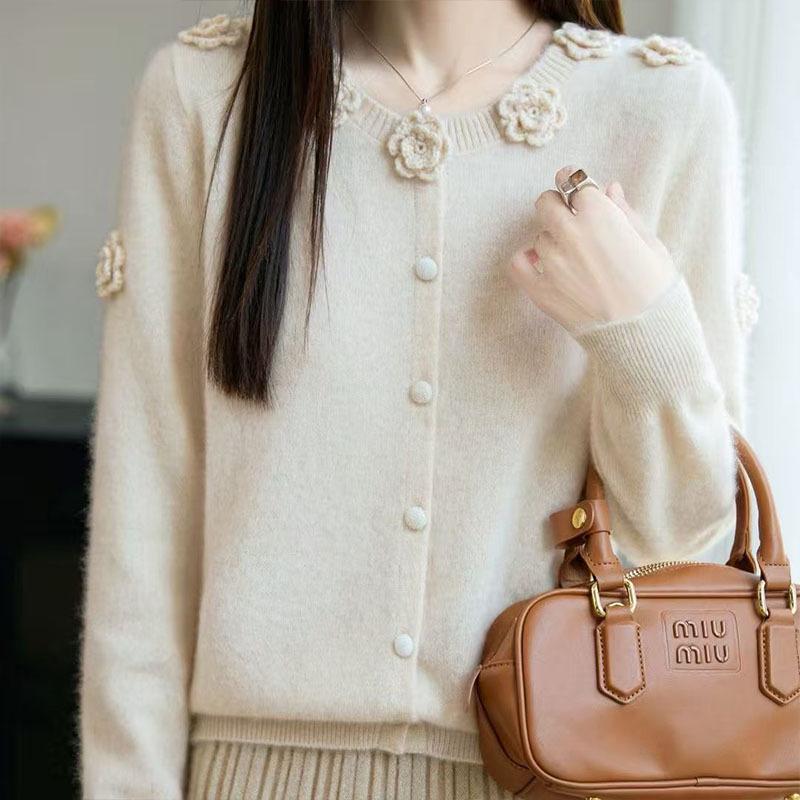2025 Women's Hand-Crocheted Wool Sweater - Nine Roses Cardigan, Round Neck, Long-Sleeved Coat
