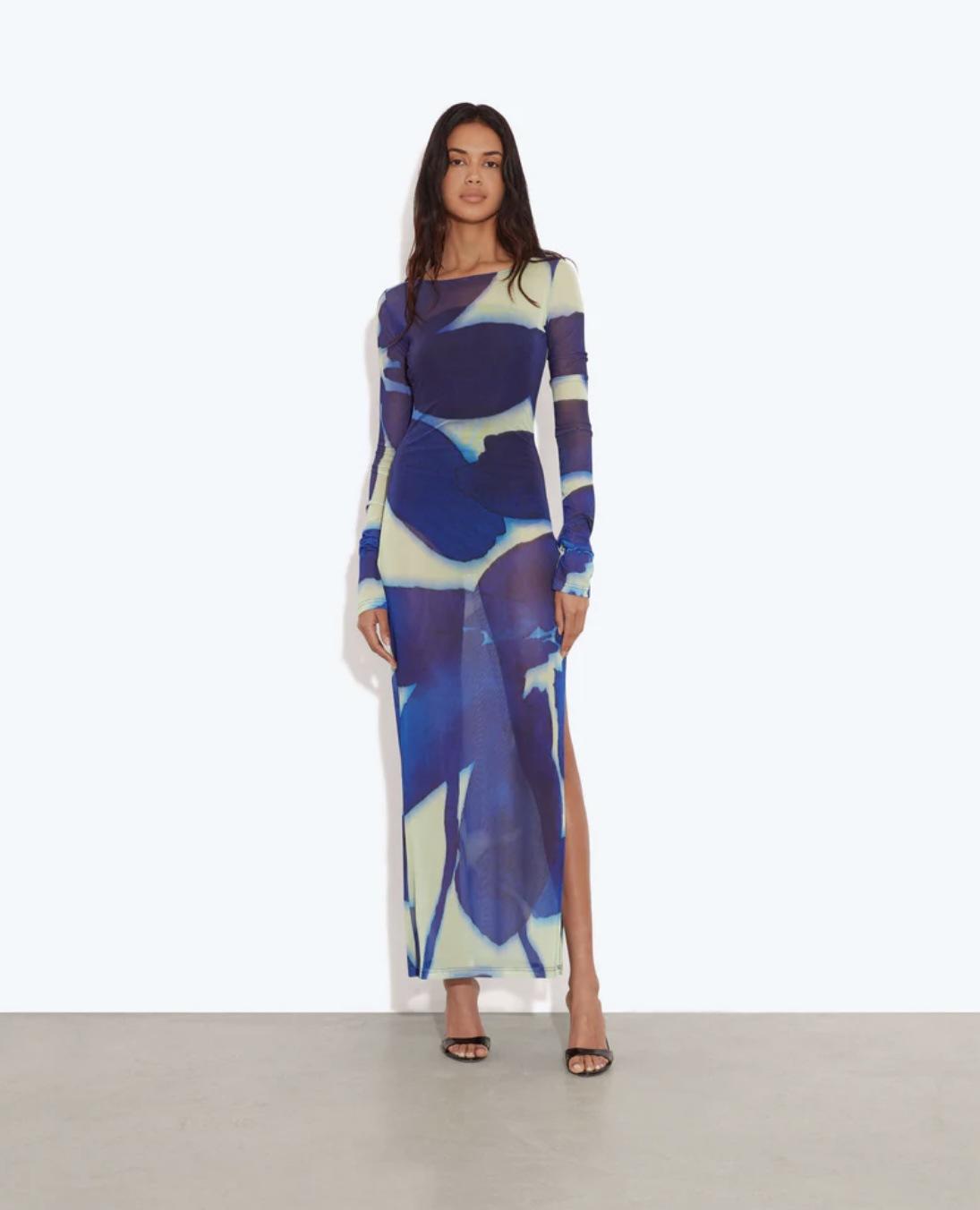 Europe and America 2026 chiffon fashion printing temperament slim sexy long-sleeved dress long dress women S