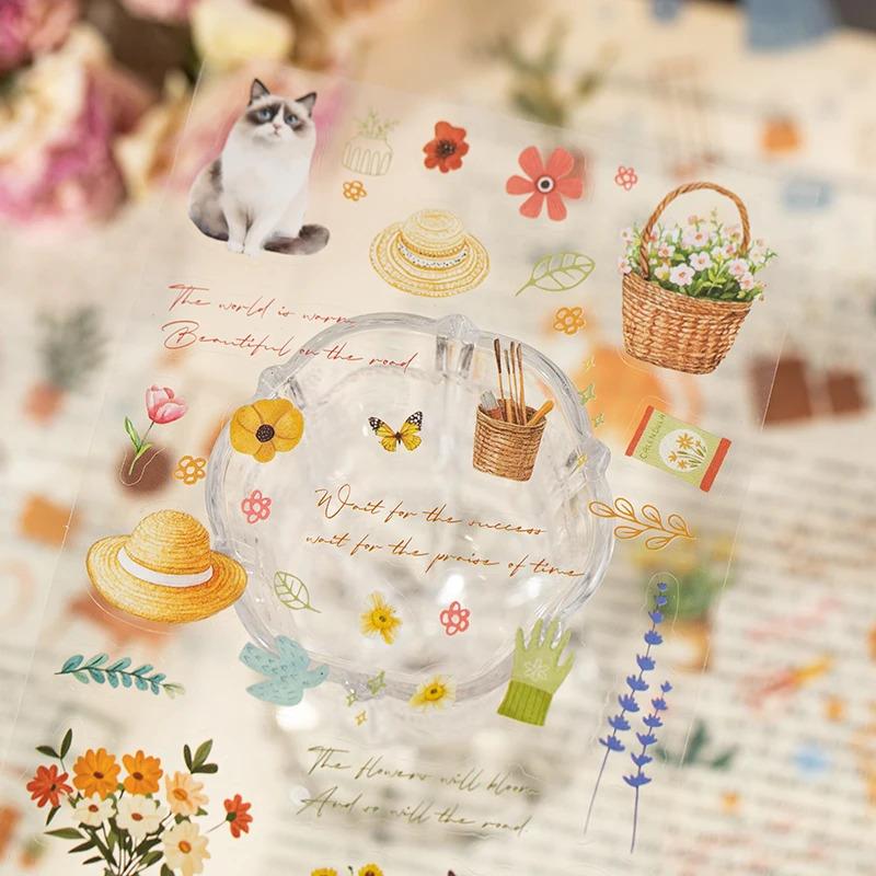 Cute Aesthetic Flower Cat Stickers For Scrapbooking INS Style Planner Decor DIY Junk Journaling Craft Supplies