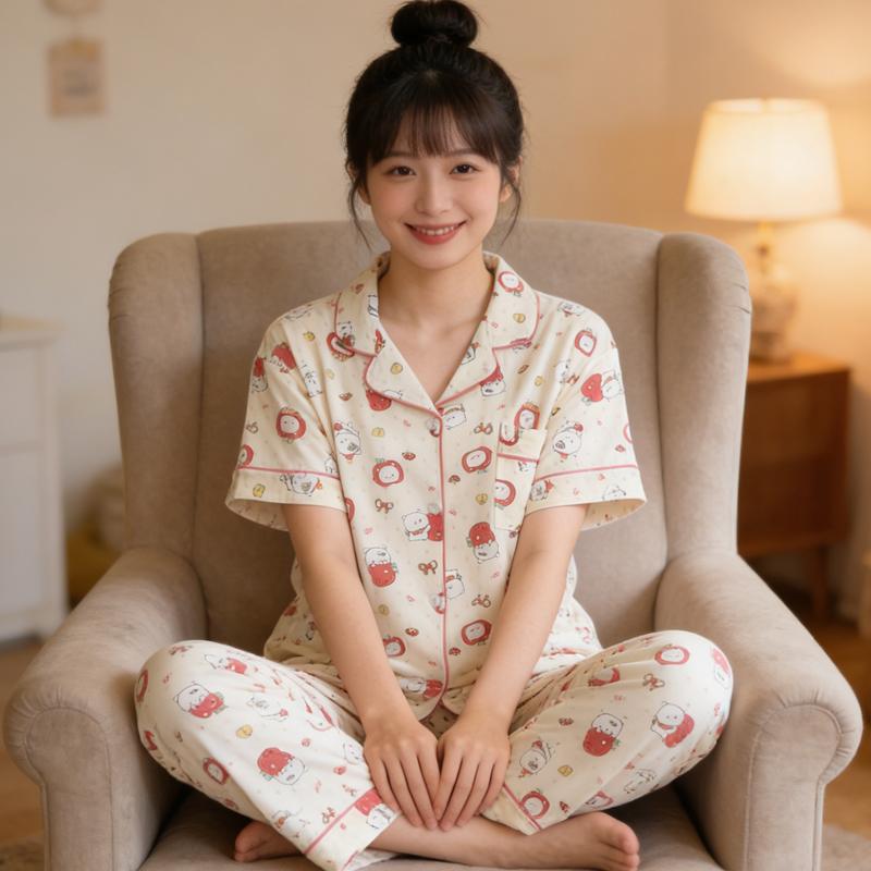 Women's Pajamas Set Cat Print Sleepwear Button Down Tops Long Pajama 2 Piece Suit Pyjama Femme Nightwear Loungewear for Summer
