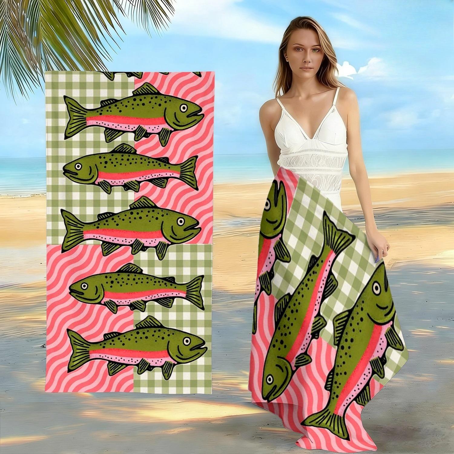 

Vibrant Pink Green Checkered Towel, Retro Rainbow Trout Fish Print Bath Towel, Eye-Catching Summer Essential 1pcs W30*H60(CM)