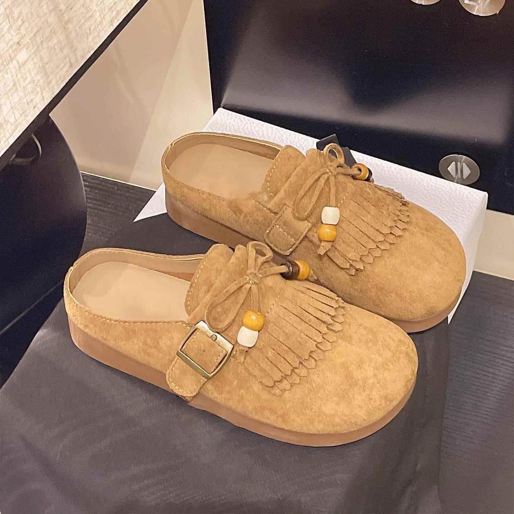 Super Popular Thick-soled Comfortable Non-slip Bag Head Half Slippers Women's Fringed Bow Single Shoes 2025 Spring and Summer New Models