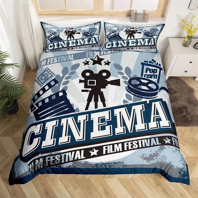 Movie Time Duvet Cover Set Cartoon Popcorn Bedding Set Microfiber Film Pattern Comforter Cover Home Theater Decor Queen Bed Set