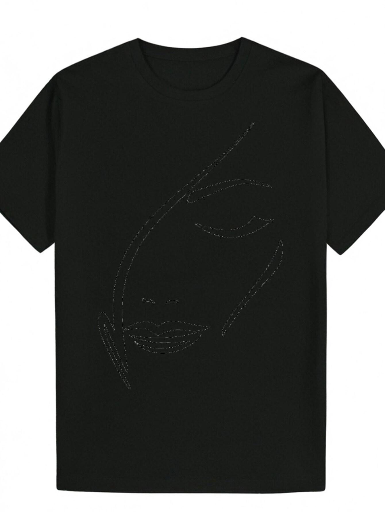 Short Sleeve T-shirt with Artistic Portrait Print - Black & White Round Neck Breathable Polyester Top S