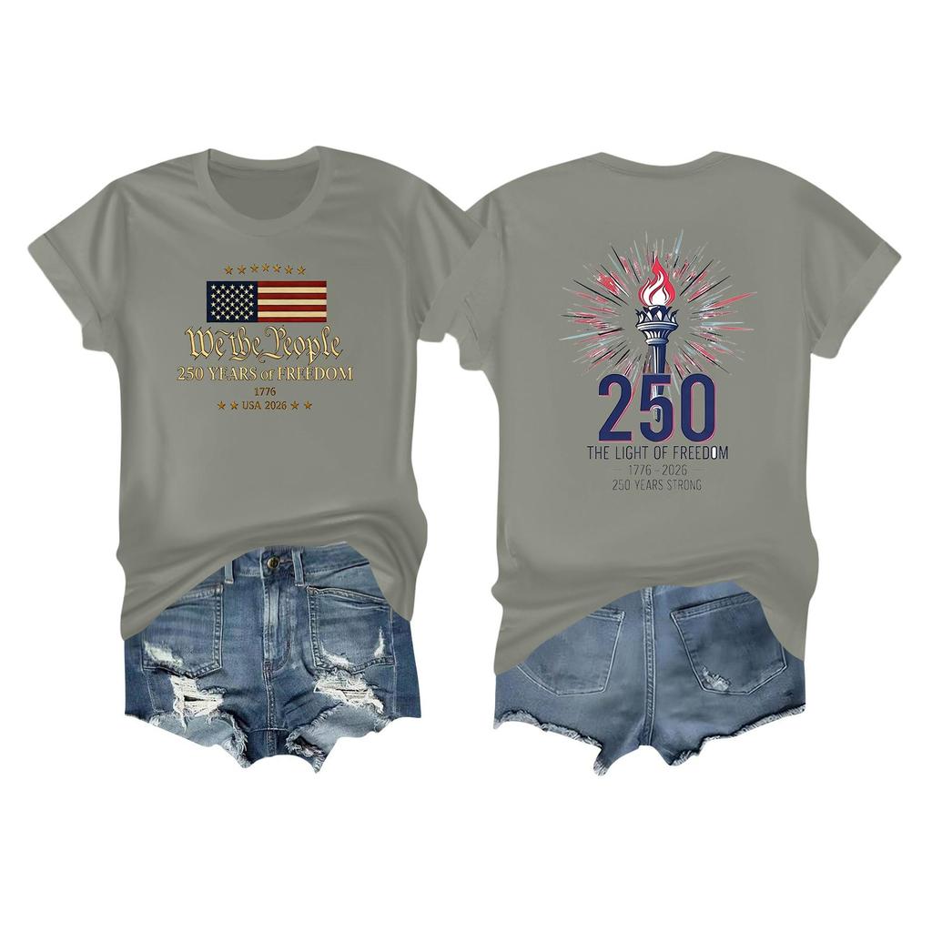 Women's Casual Independence Day 250 Anniversary Printed T-shirt Round Neck Pullover Short Sleeve Top