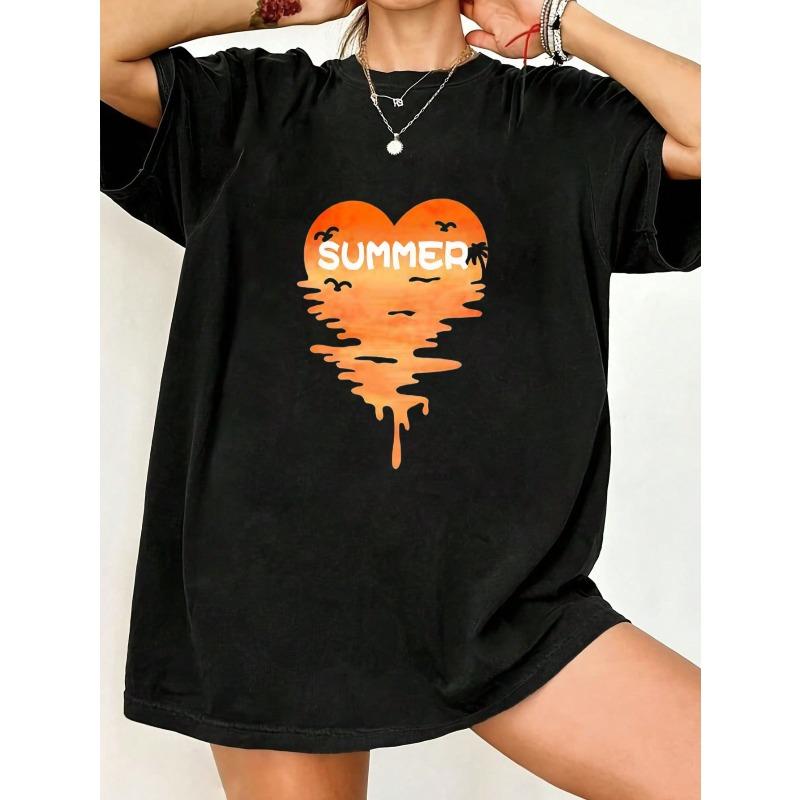 Черная футболка оверсайз с летним дизайном, тающим сердце, для пляжного отдыха S