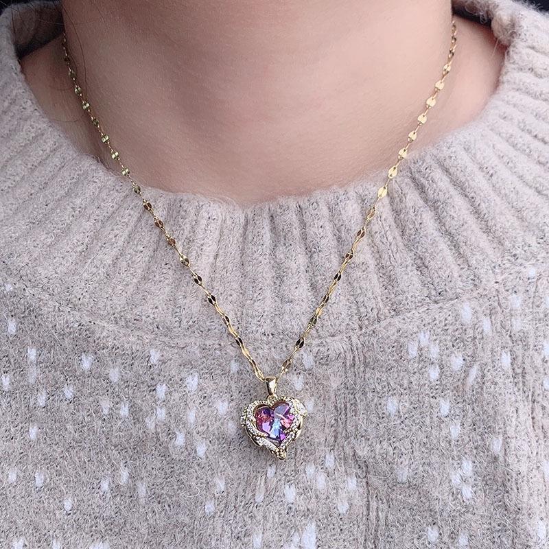 Korean Heart of the Ocean Necklace: Colorful Crystal Pendant, 18K Gold-Plated Titanium Steel, Light Luxury Clavicle Chain