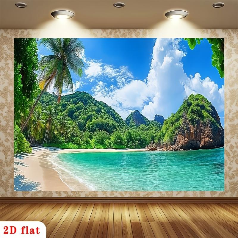 2D Plane Tropical Island Beach Mountain Landscape Background Fabric for Decorating Rooms Polyester Fiber Material