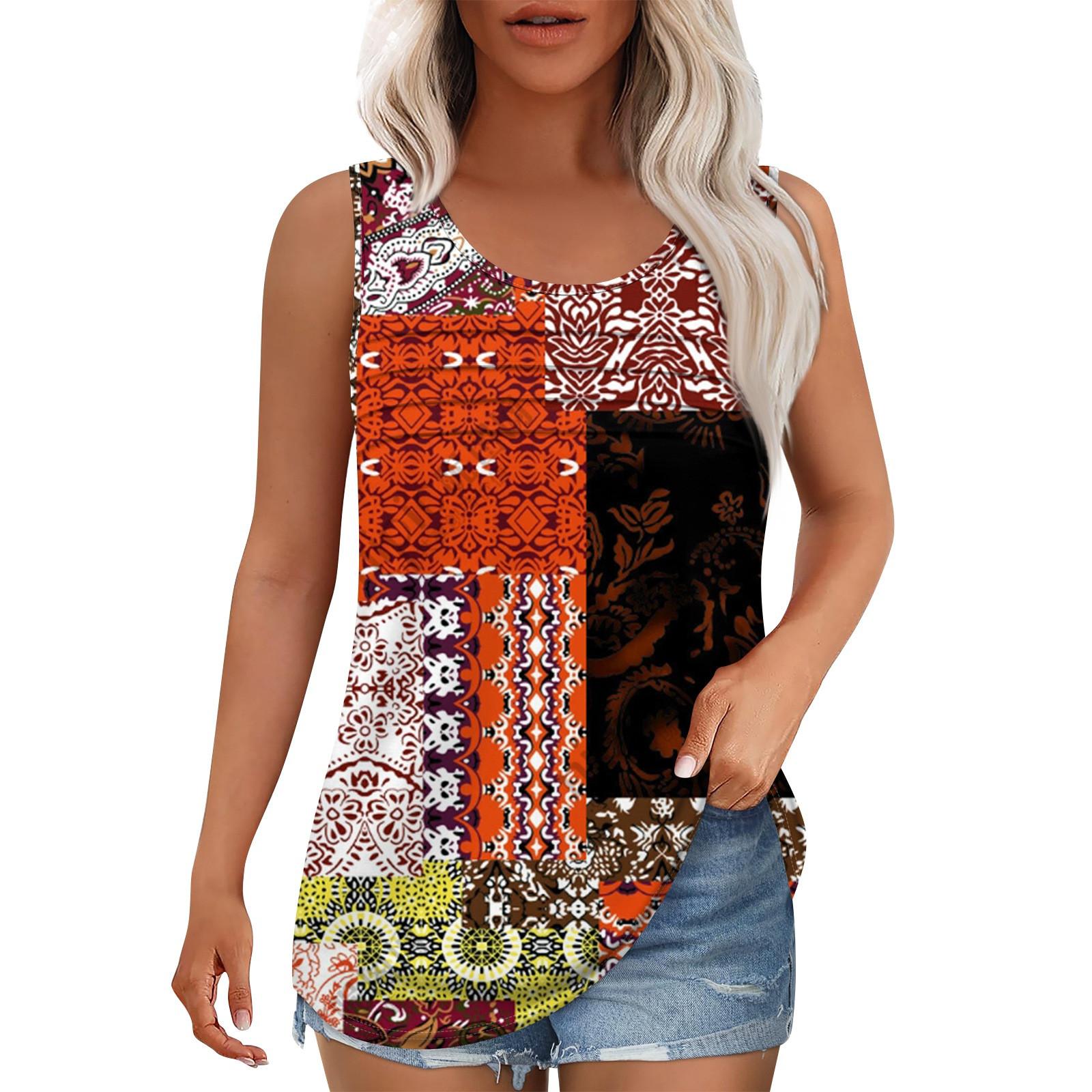 

Майка для женщин Летние наряды Без рукавов Блузки с принтом Повседневные свободные рубашки Округлый вырез Складки спереди XL киноварь