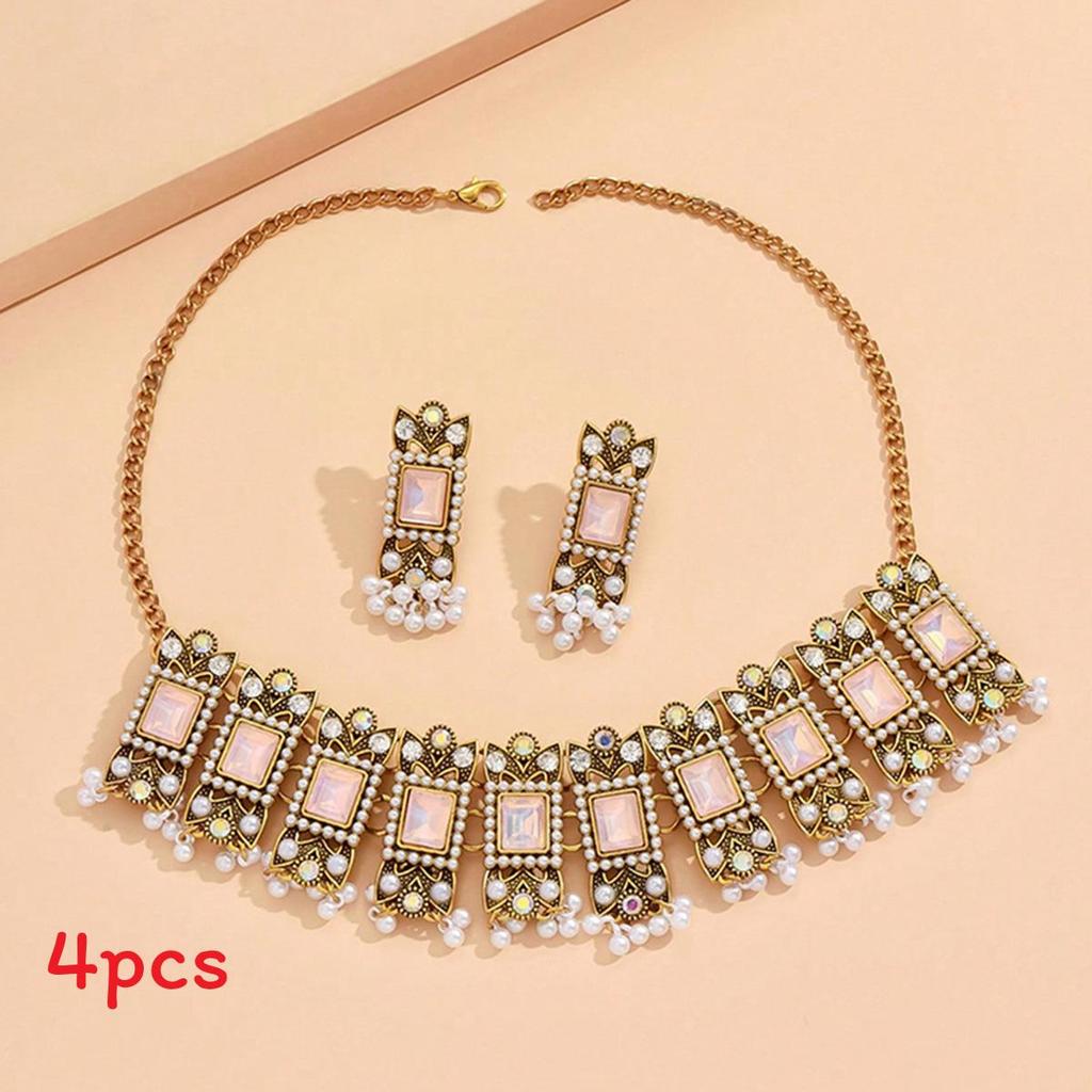 European Style Alloy Gemstone Necklace And Earrings Set With Artificial Pearl Dangles For Women