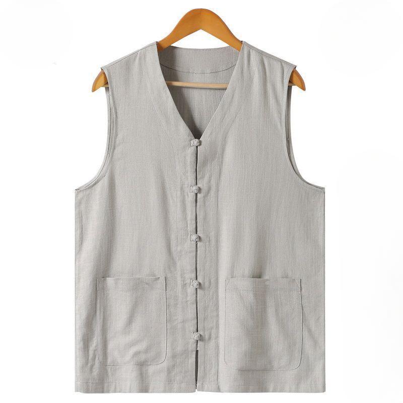 Men's  Breathable Linen Vest: Retro Buckle-Accented V-Neck Loose Style, Outdoor Layering Piece with Horsehide Texture